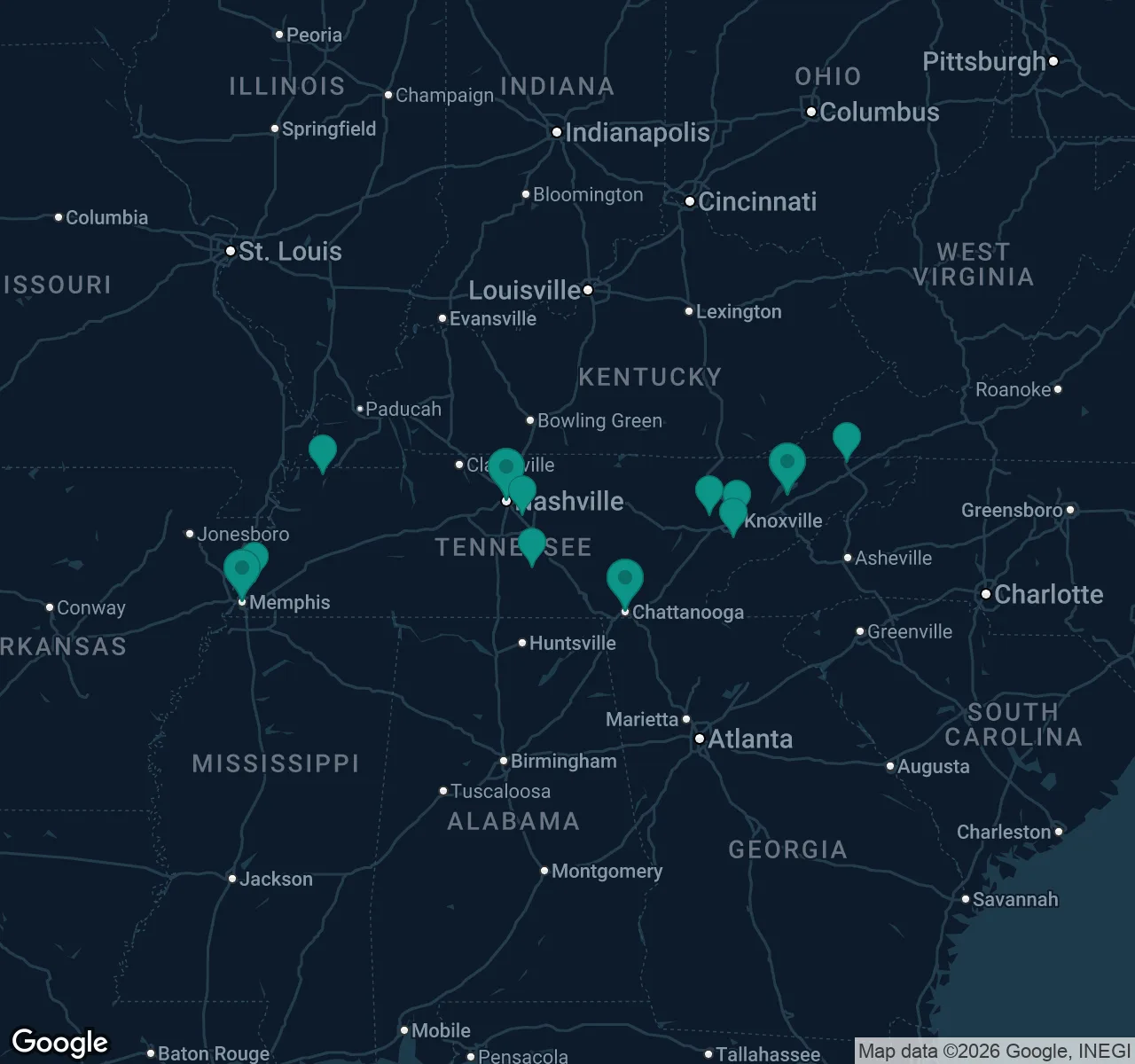 Map of documented asbestos exposure sites in Tennessee