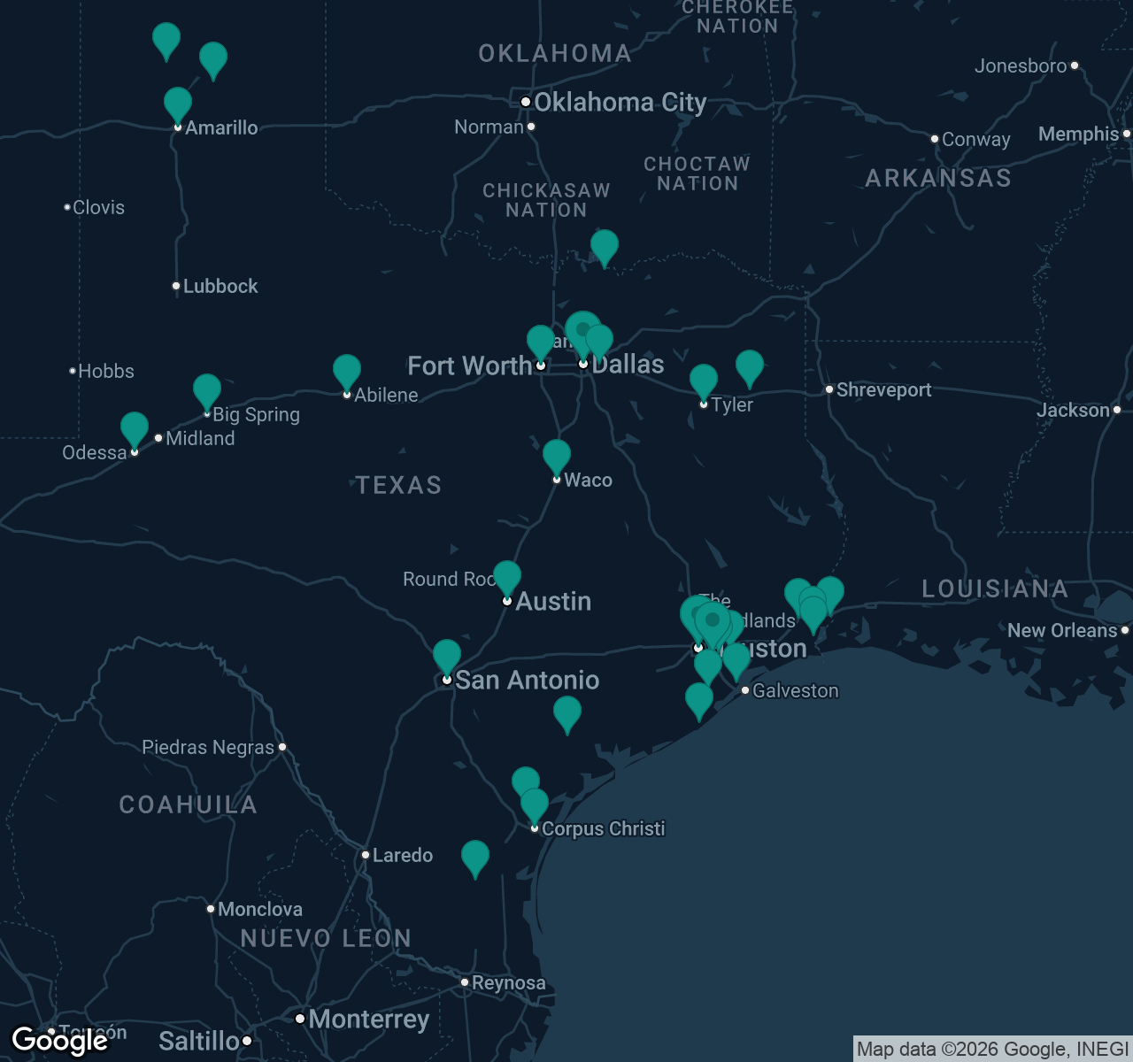 Map of documented asbestos exposure sites in Texas