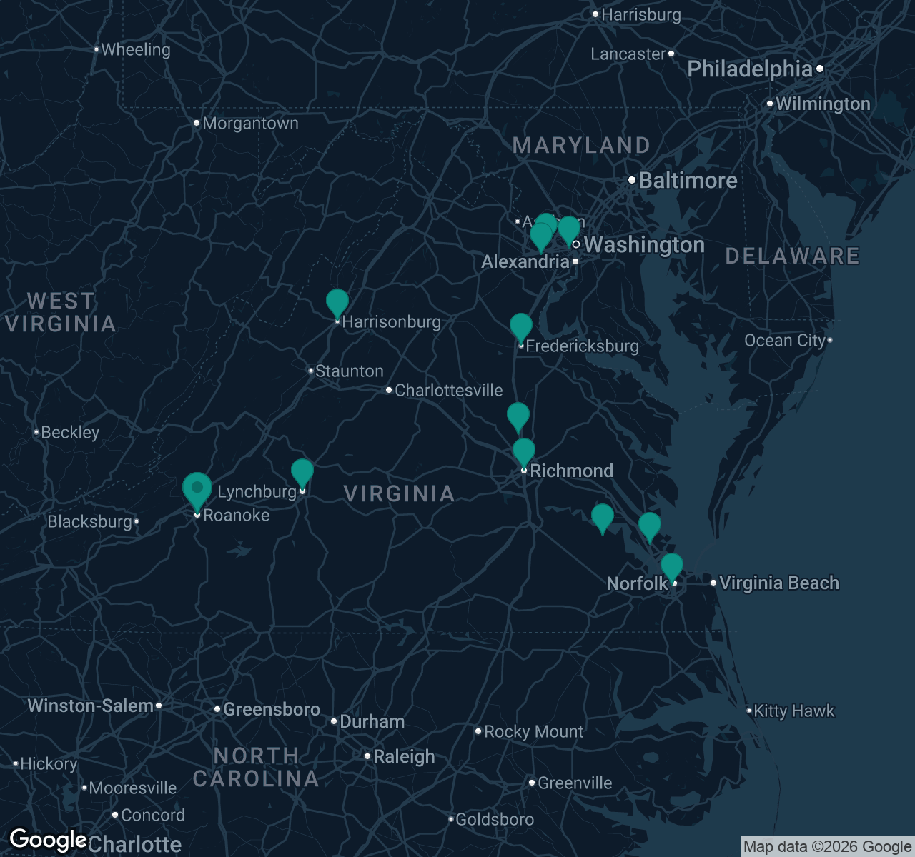 Map of documented asbestos exposure sites in Virginia