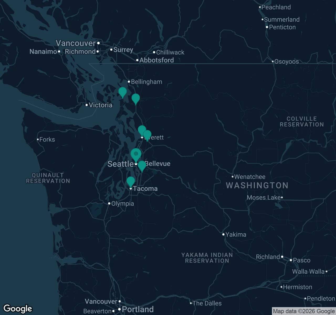 Map of documented asbestos exposure sites in Washington