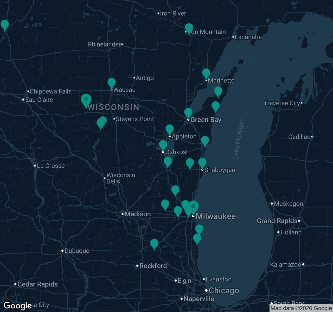 Map of documented asbestos exposure sites in Wisconsin