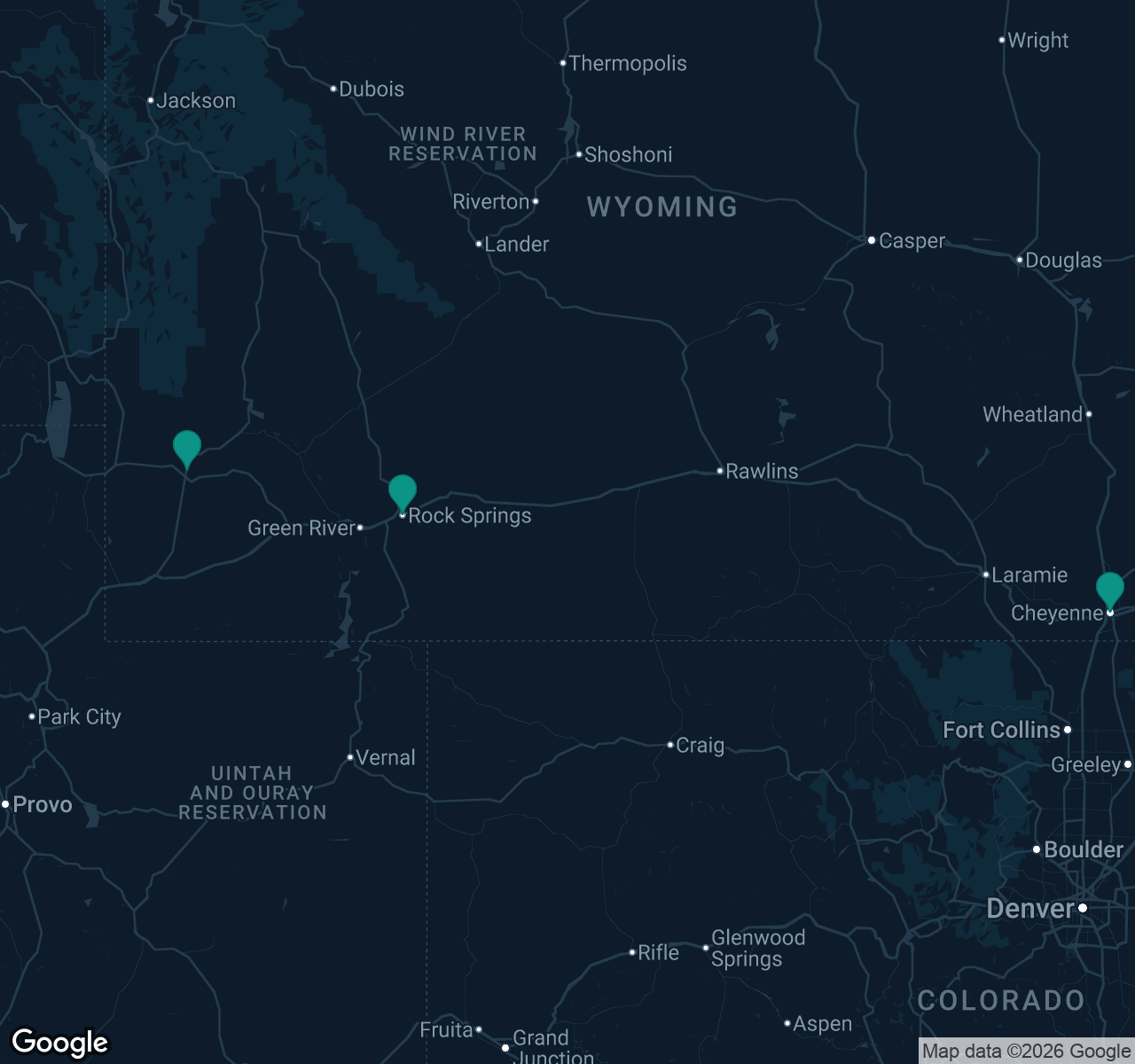 Map of documented asbestos exposure sites in Wyoming