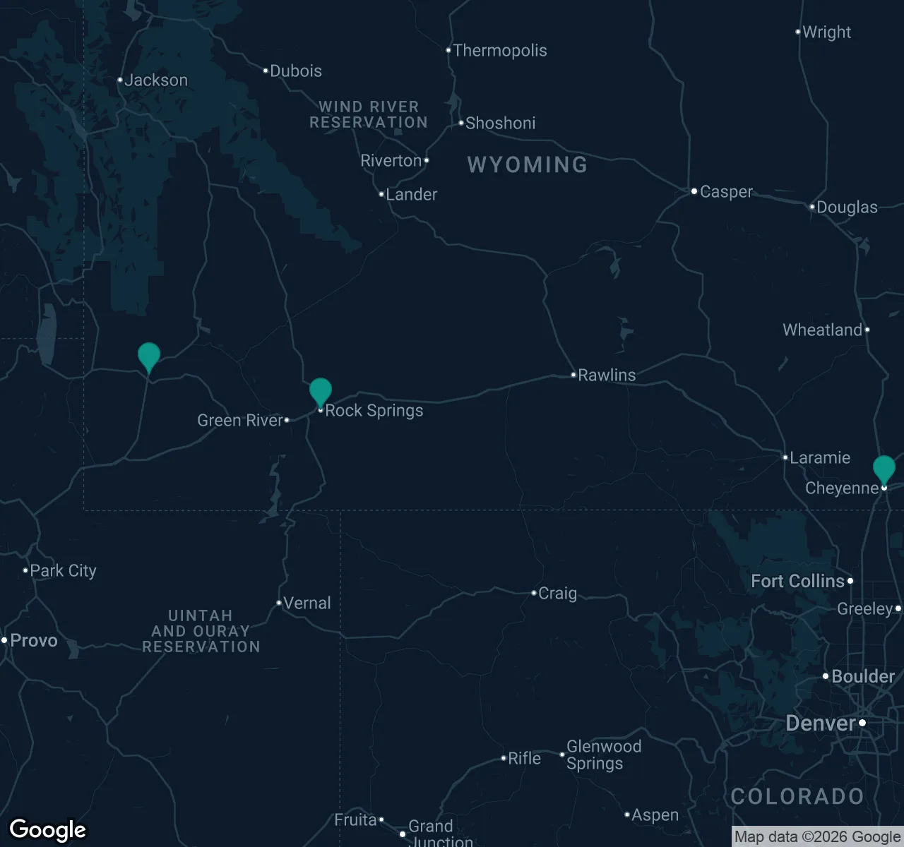 Map of documented asbestos exposure sites in Wyoming