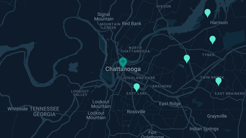 Map of Chattanooga, Tennessee — 10 documented asbestos exposure sites