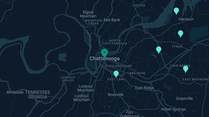 Map of Chattanooga, Tennessee: 10 documented asbestos exposure sites