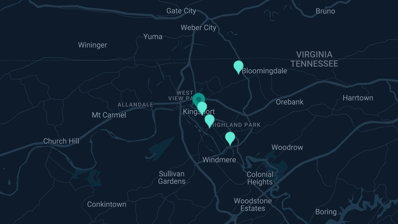 Map of Kingsport, Tennessee — 4 documented asbestos exposure sites