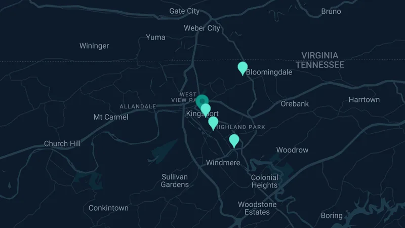 Map of Kingsport, Tennessee: 4 documented asbestos exposure sites