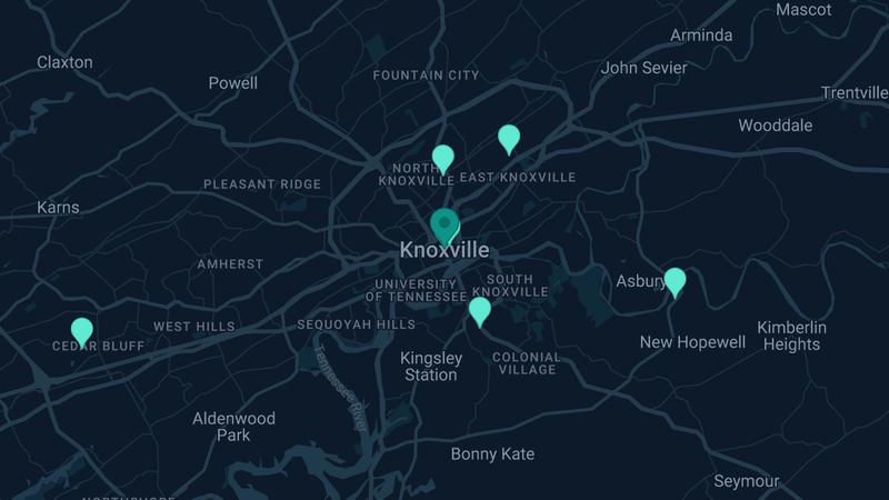 Map of Knoxville, Tennessee — 8 documented asbestos exposure sites