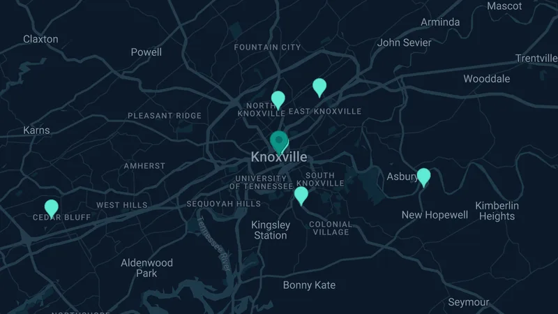 Map of Knoxville, Tennessee: 8 documented asbestos exposure sites