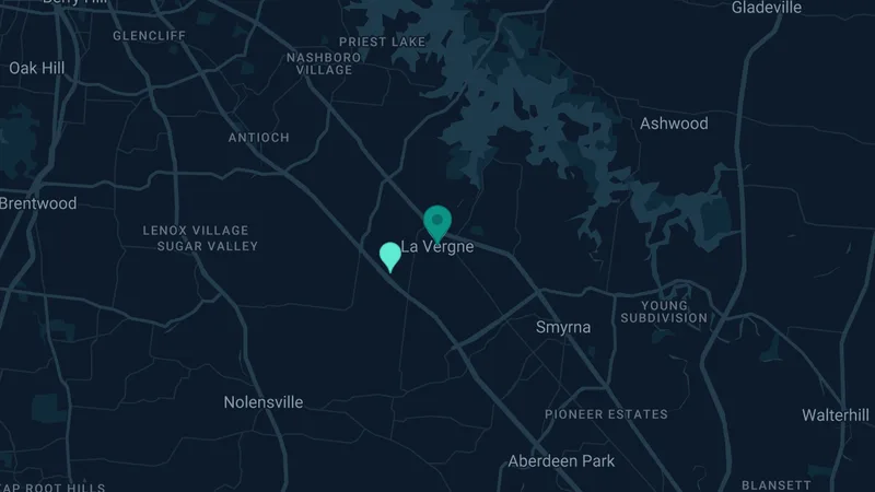 Map of LaVergne, Tennessee: 2 documented asbestos exposure sites