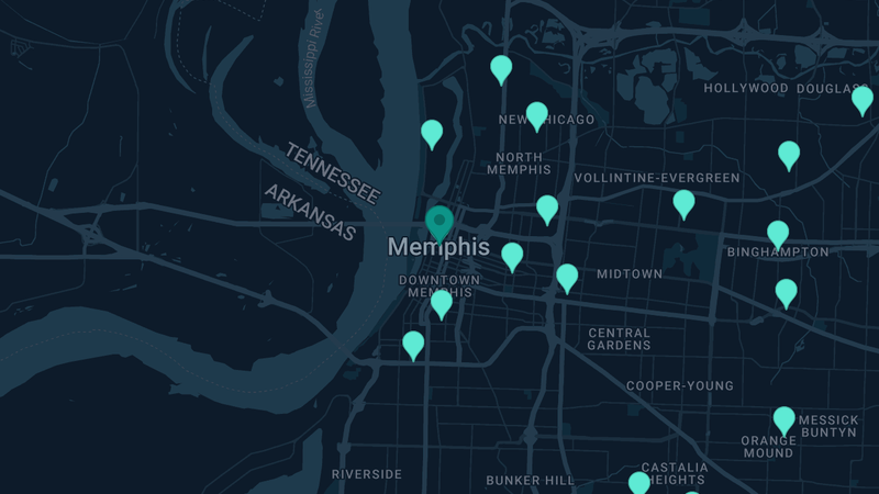 Map of Memphis, Tennessee — 54 documented asbestos exposure sites