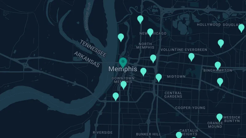 Map of Memphis, Tennessee: 54 documented asbestos exposure sites