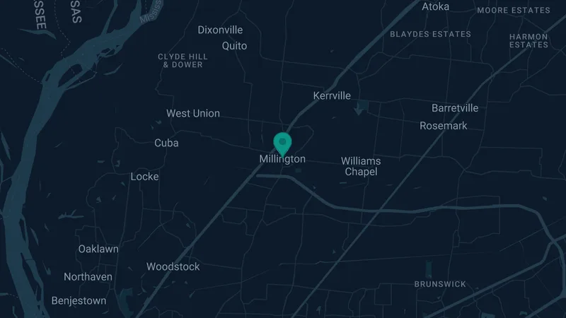 Map of Millington, Tennessee: 2 documented asbestos exposure sites