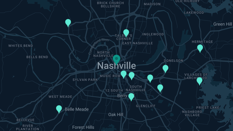 Map of Nashville, Tennessee — 15 documented asbestos exposure sites