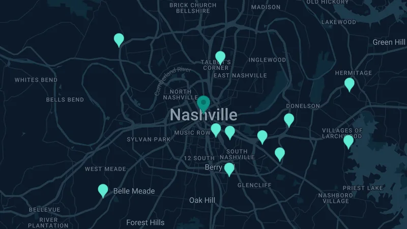 Map of Nashville, Tennessee: 15 documented asbestos exposure sites