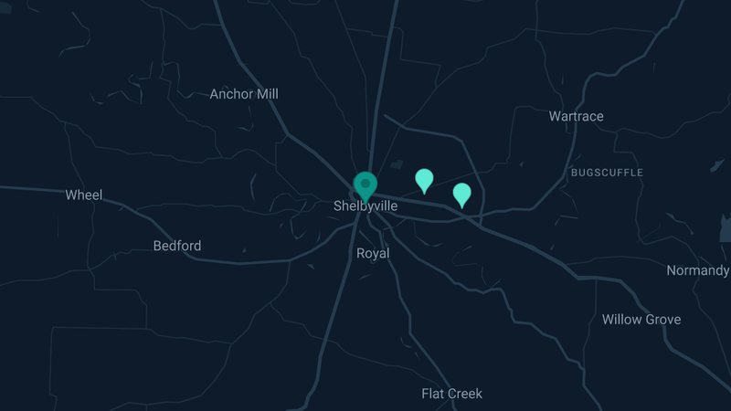 Map of Shelbyville, Tennessee — 2 documented asbestos exposure sites