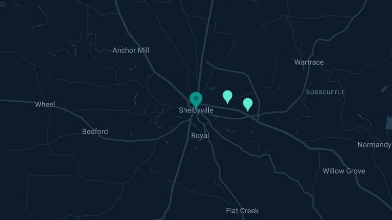 Map of Shelbyville, Tennessee: 2 documented asbestos exposure sites