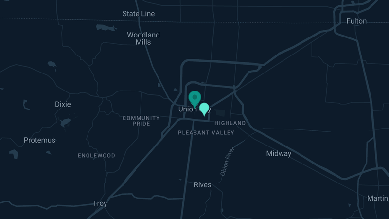 Map of Union City, Tennessee — 2 documented asbestos exposure sites