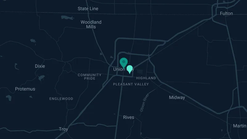 Map of Union City, Tennessee: 2 documented asbestos exposure sites