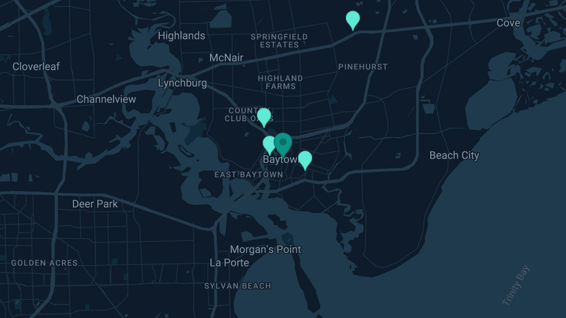 Map of Baytown, Texas — 8 documented asbestos exposure sites