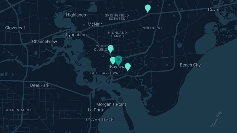 Map of Baytown, Texas: 8 documented asbestos exposure sites