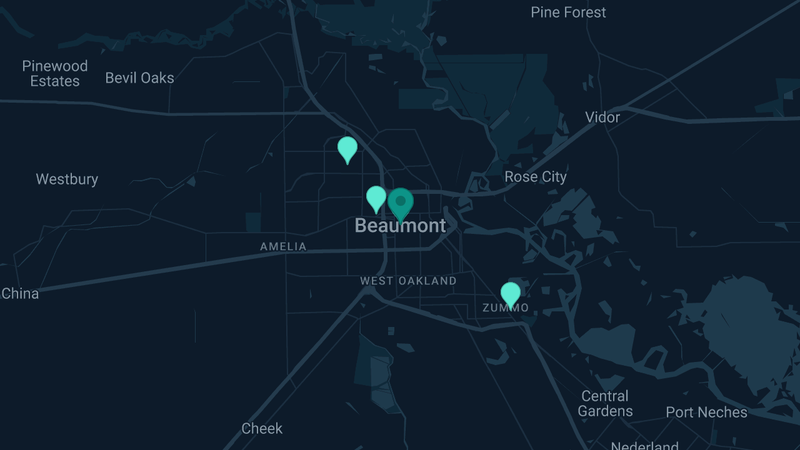 Map of Beaumont, Texas — 5 documented asbestos exposure sites