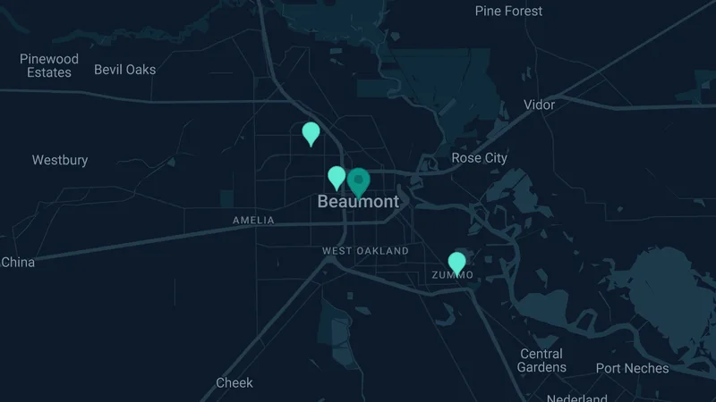 Map of Beaumont, Texas: 9 documented asbestos exposure sites