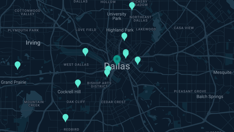 Map of Dallas, Texas — 20 documented asbestos exposure sites