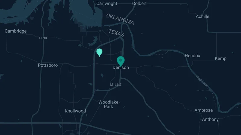 Map of Denison, Texas: 2 documented asbestos exposure sites