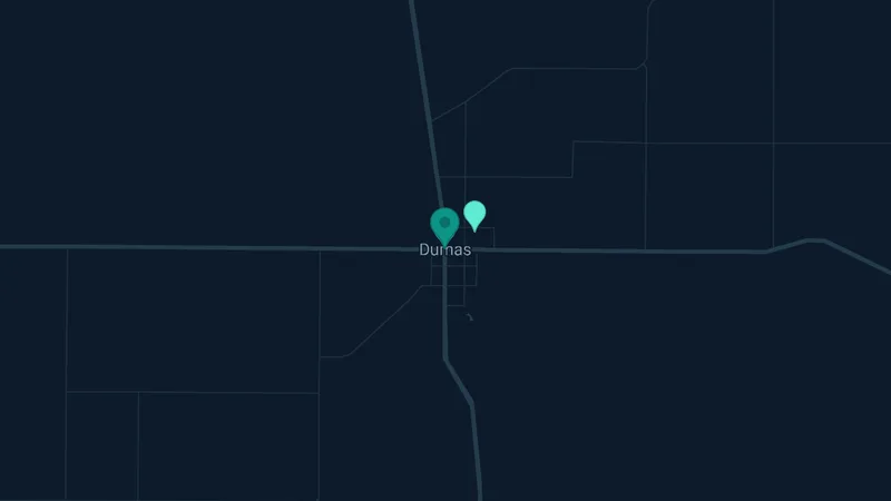 Map of Dumas, Texas: 2 documented asbestos exposure sites