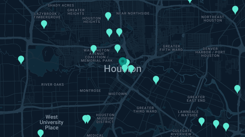 Map of Houston, Texas — 69 documented asbestos exposure sites
