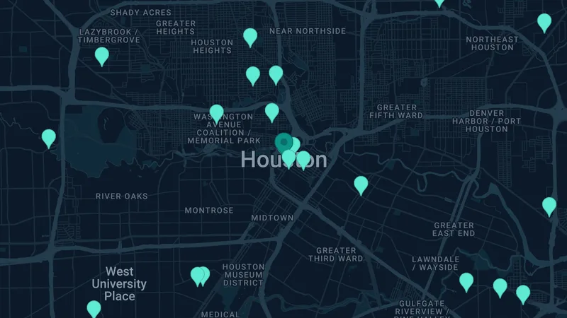Map of Houston, Texas: 69 documented asbestos exposure sites
