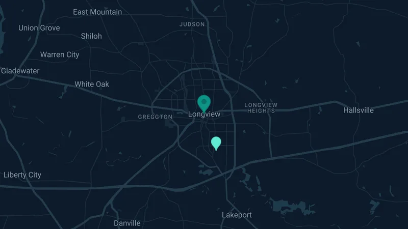 Map of Longview, Texas: 3 documented asbestos exposure sites