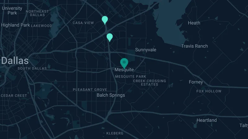 Map of Mesquite, Texas: 3 documented asbestos exposure sites