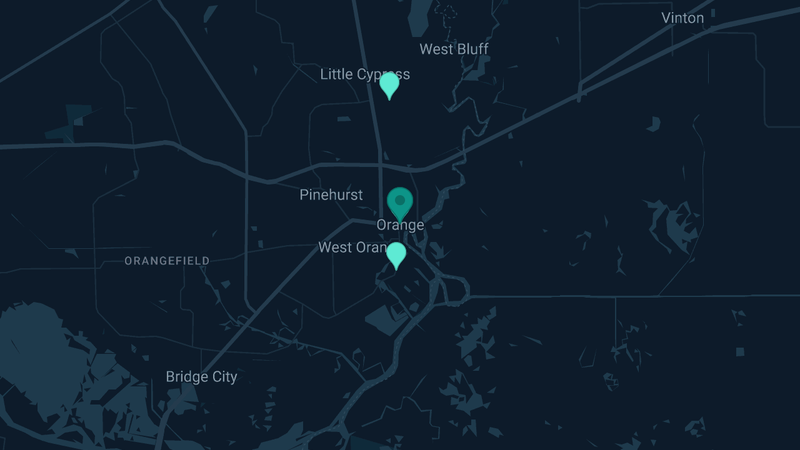 Map of Orange, Texas — 3 documented asbestos exposure sites
