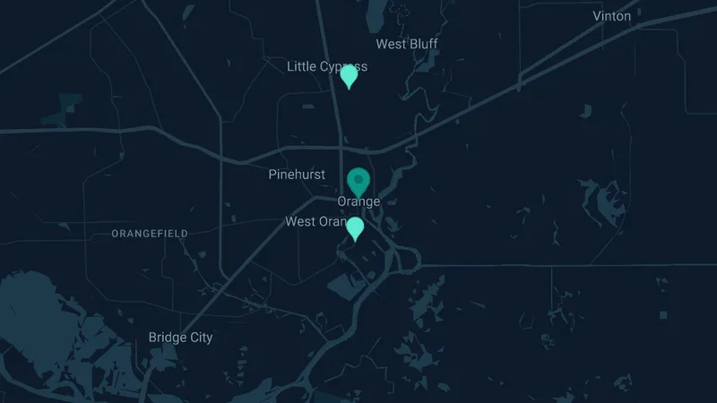 Map of Orange, Texas: 4 documented asbestos exposure sites
