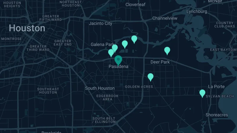 Map of Pasadena, Texas: 11 documented asbestos exposure sites