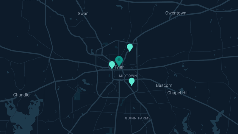 Map of Tyler, Texas — 8 documented asbestos exposure sites