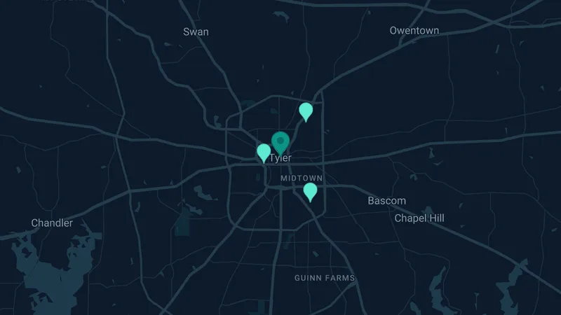 Map of Tyler, Texas: 8 documented asbestos exposure sites