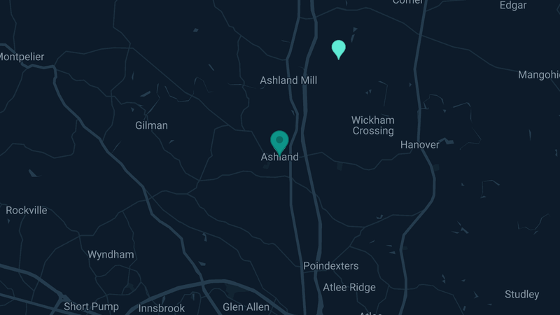 Map of Ashland, Virginia — 2 documented asbestos exposure sites