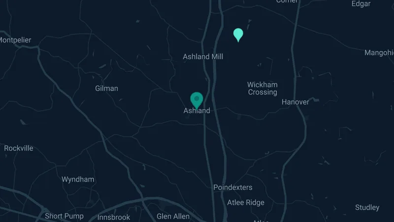 Map of Ashland, Virginia: 2 documented asbestos exposure sites