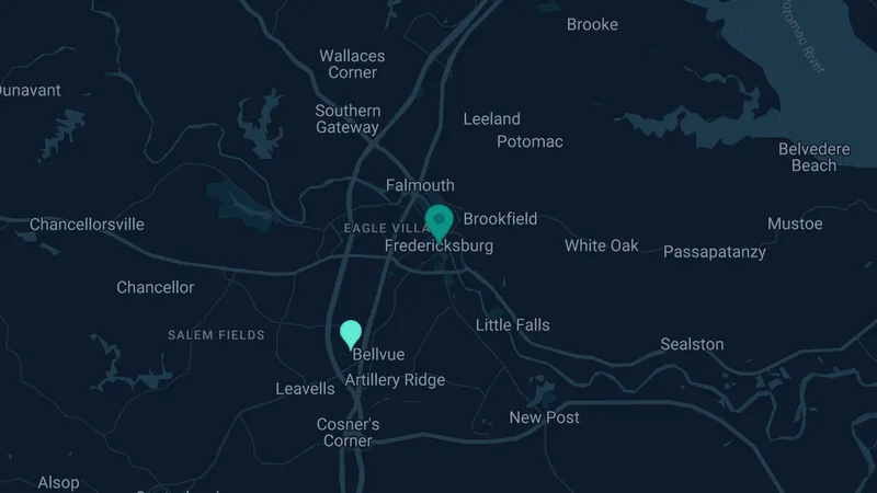 Map of Fredericksburg, Virginia: 2 documented asbestos exposure sites