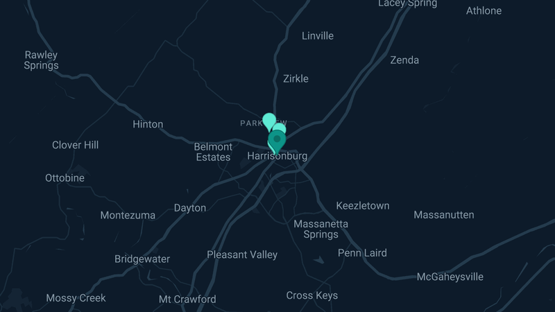 Map of Harrisonburg, Virginia — 3 documented asbestos exposure sites
