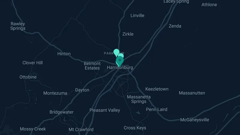 Map of Harrisonburg, Virginia: 3 documented asbestos exposure sites