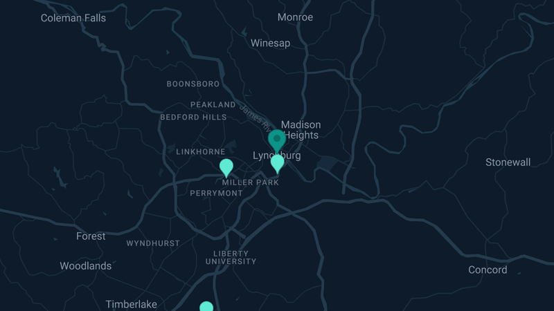 Map of Lynchburg, Virginia — 3 documented asbestos exposure sites