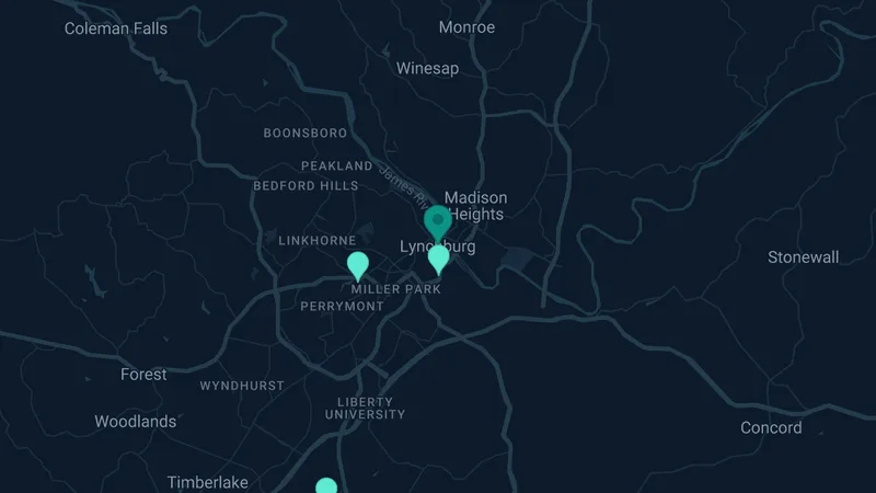Map of Lynchburg, Virginia: 3 documented asbestos exposure sites