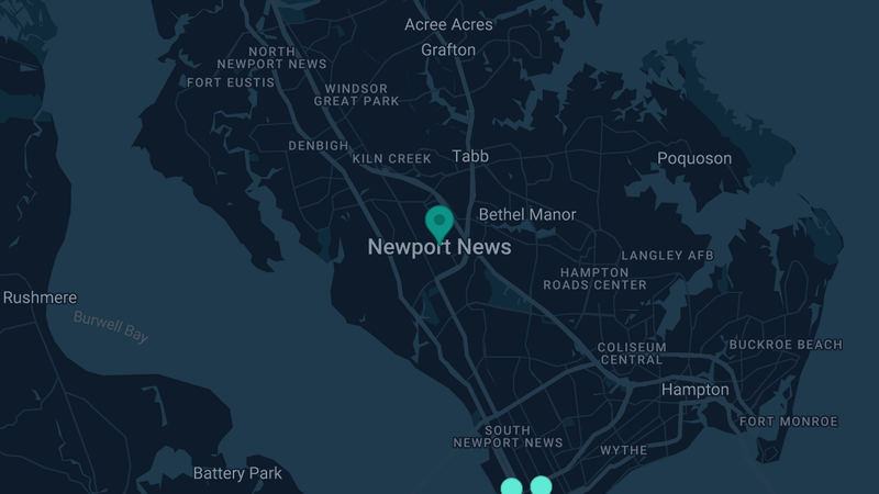 Map of Newport News, Virginia — 2 documented asbestos exposure sites