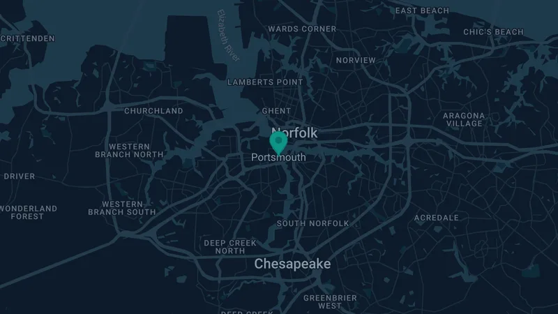 Map of Portsmouth, Virginia: 2 documented asbestos exposure sites