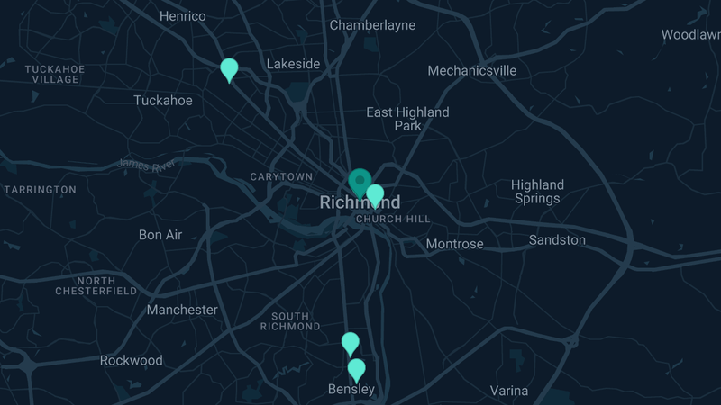 Map of Richmond, Virginia — 8 documented asbestos exposure sites