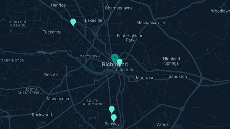 Map of Richmond, Virginia: 8 documented asbestos exposure sites